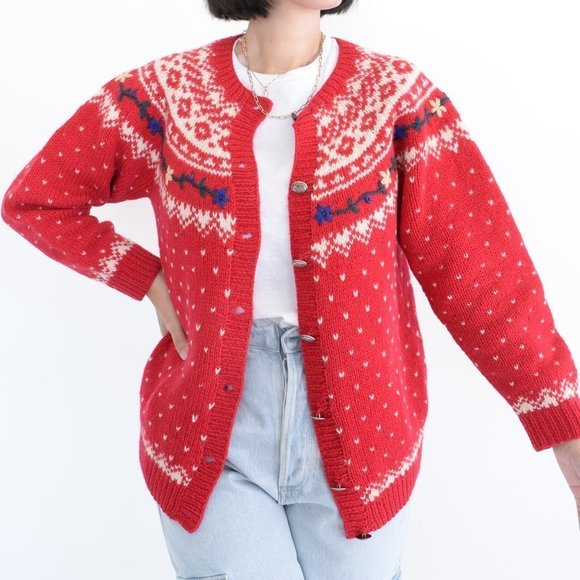 Vintage 80s Eddie Bauer Red with Winter Design 100% Wool Button Up Cardigan Smal - Picture 1 of 15